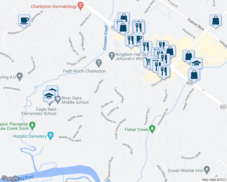 map of restaurants, bars, coffee shops, grocery stores, and more near 3195 Landing Parkway in Charleston