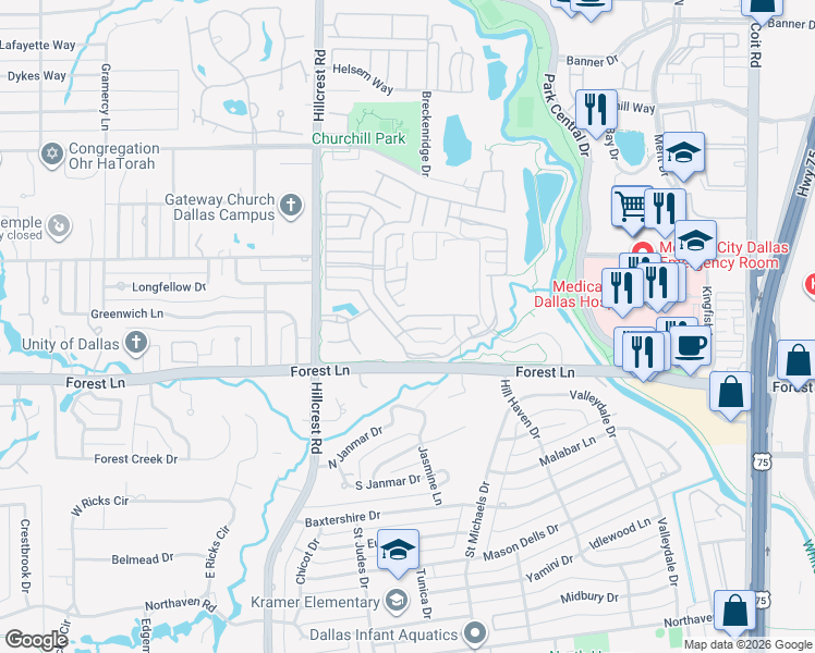 map of restaurants, bars, coffee shops, grocery stores, and more near 11917 Edgestone Road in Dallas