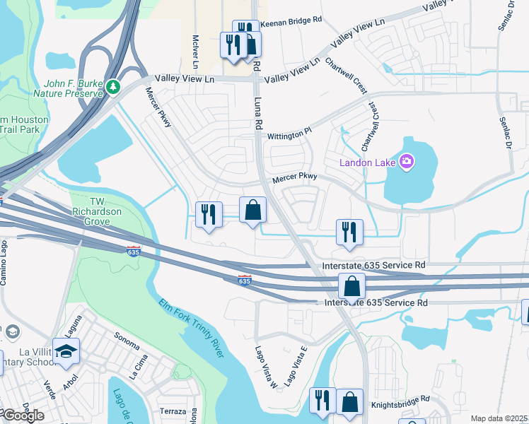 map of restaurants, bars, coffee shops, grocery stores, and more near 12719-12917 Luna Road in Farmers Branch
