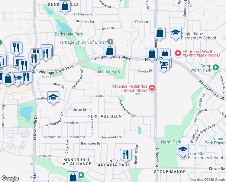 map of restaurants, bars, coffee shops, grocery stores, and more near 9412 Pastime Court in Fort Worth