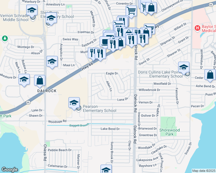 map of restaurants, bars, coffee shops, grocery stores, and more near 5609 Allen Lane in Rowlett