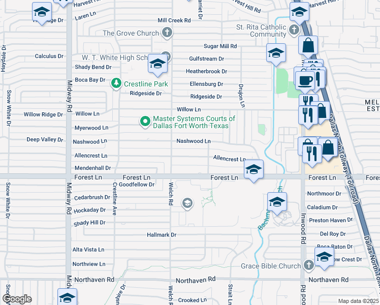 map of restaurants, bars, coffee shops, grocery stores, and more near 4639 Allencrest Lane in Dallas