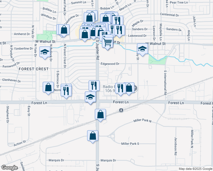 map of restaurants, bars, coffee shops, grocery stores, and more near 320 South Jupiter Road in Garland