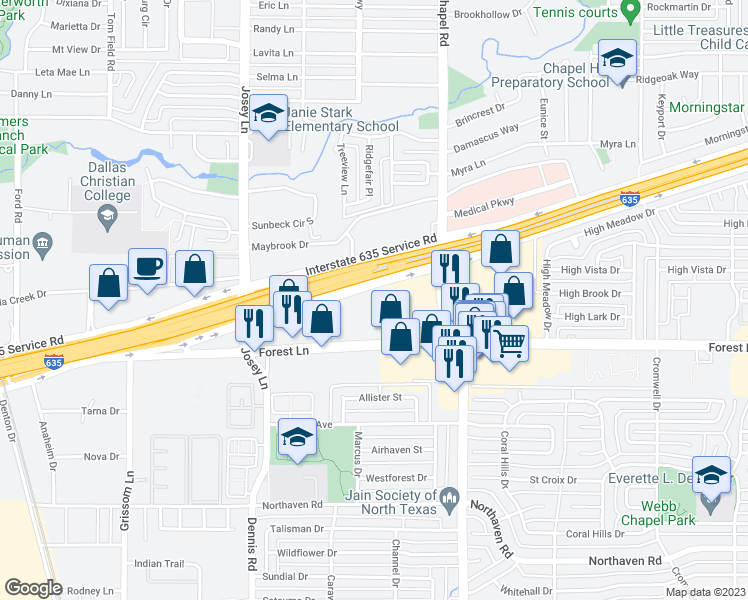 map of restaurants, bars, coffee shops, grocery stores, and more near 3030 Lyndon B Johnson Fwy in Dallas