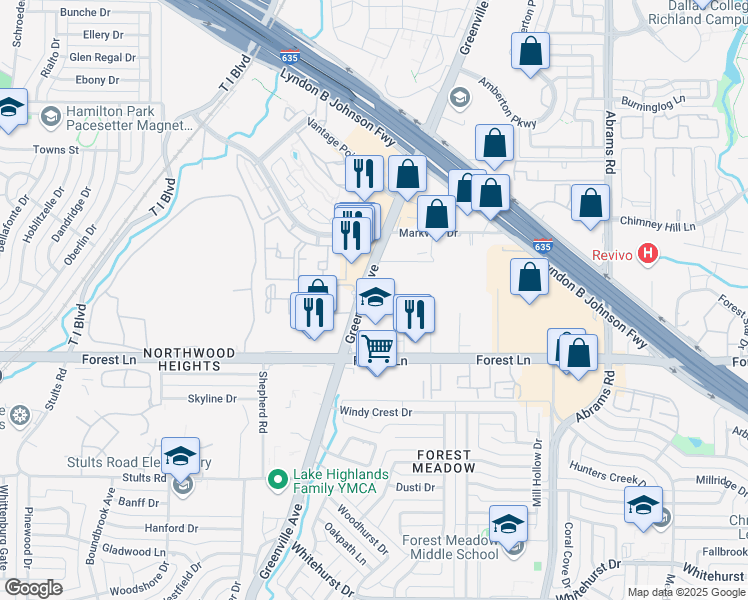map of restaurants, bars, coffee shops, grocery stores, and more near 11910 Greenville Avenue in Dallas
