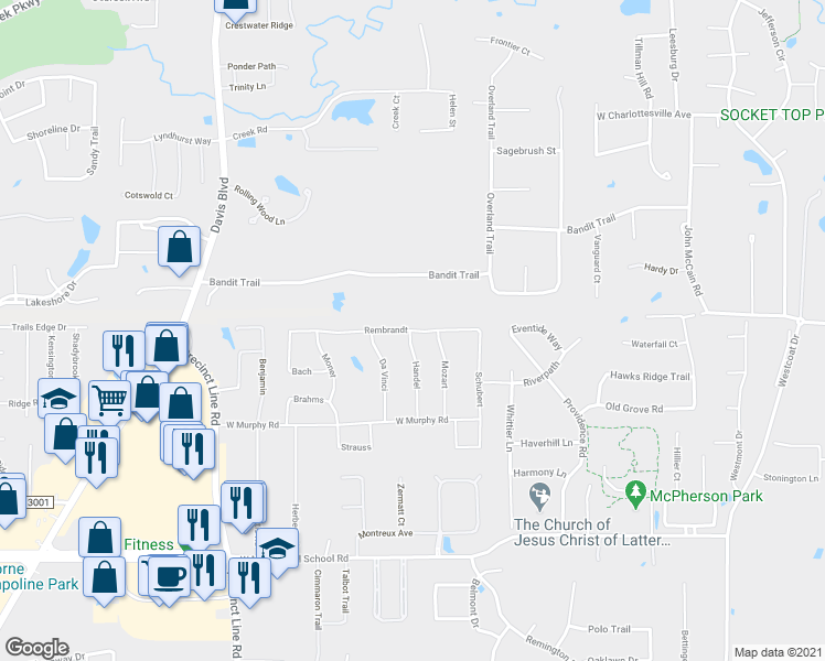 map of restaurants, bars, coffee shops, grocery stores, and more near 616 Rembrandt in Colleyville