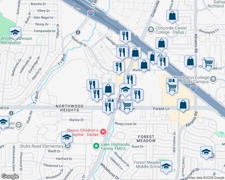 map of restaurants, bars, coffee shops, grocery stores, and more near 11933 Greenville Avenue in Dallas