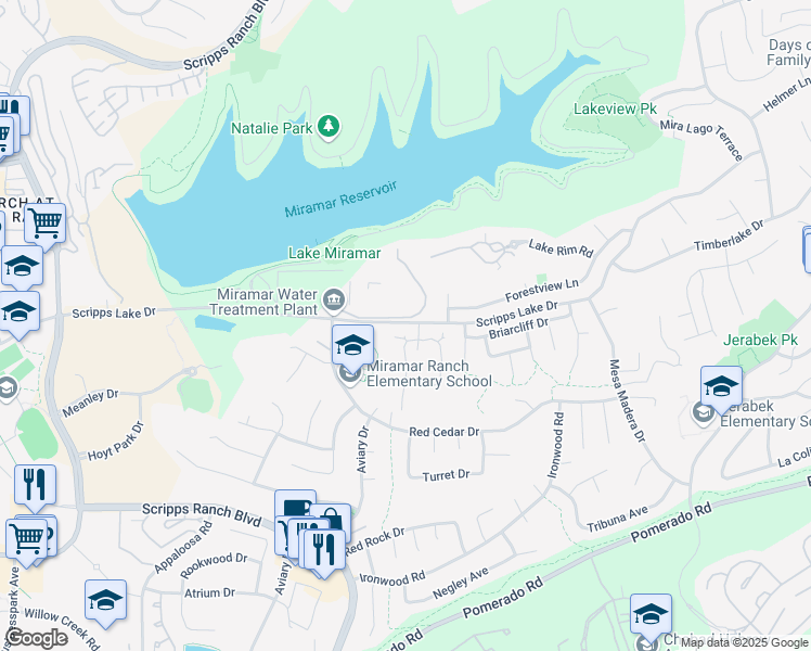 map of restaurants, bars, coffee shops, grocery stores, and more near 10443 Ridgewater Lane in San Diego