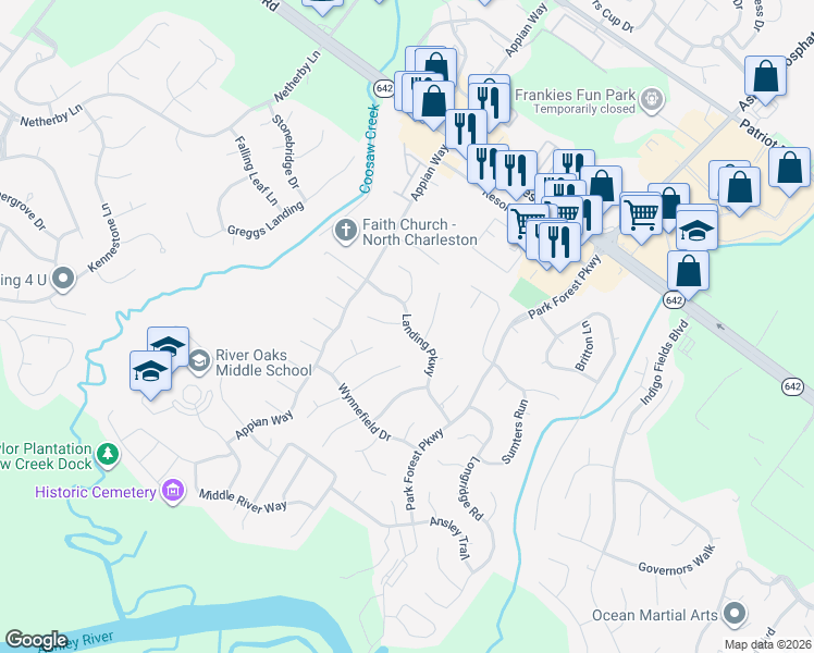map of restaurants, bars, coffee shops, grocery stores, and more near 3197 Landing Parkway in Charleston