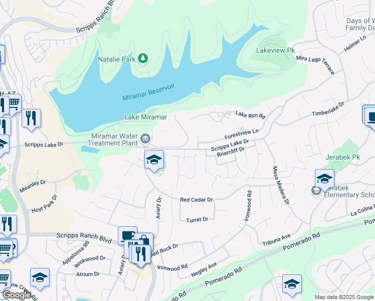 map of restaurants, bars, coffee shops, grocery stores, and more near 10437 Ridgewater Lane in San Diego