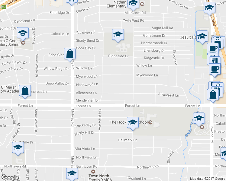 map of restaurants, bars, coffee shops, grocery stores, and more near 4427 Allencrest Ln in Dallas