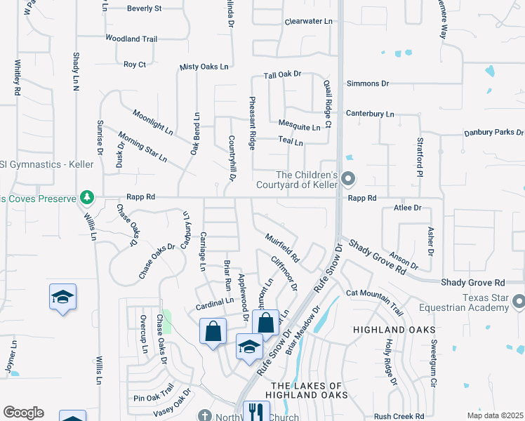 map of restaurants, bars, coffee shops, grocery stores, and more near 609 Muirfield Road in Keller