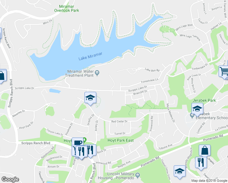 map of restaurants, bars, coffee shops, grocery stores, and more near 10437 Ridgewater Lane in San Diego
