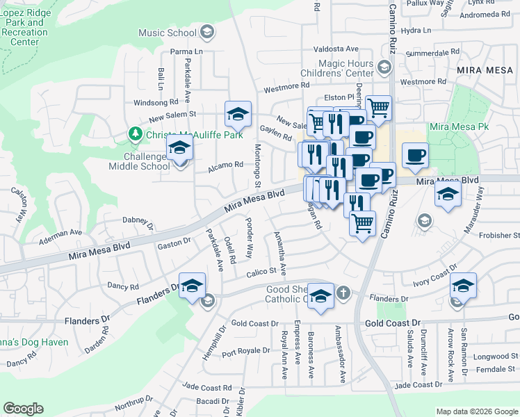 map of restaurants, bars, coffee shops, grocery stores, and more near 10673 Amantha Avenue in San Diego