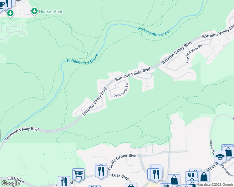 map of restaurants, bars, coffee shops, grocery stores, and more near 5442 Panoramic Lane in San Diego