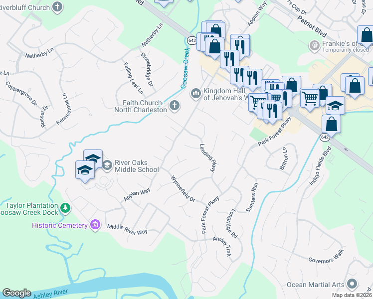 map of restaurants, bars, coffee shops, grocery stores, and more near 4707 Bennington Place in North Charleston