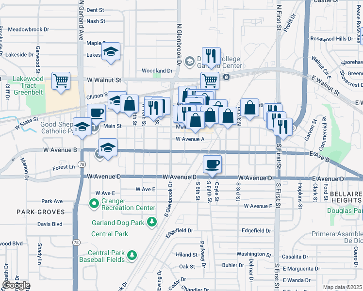map of restaurants, bars, coffee shops, grocery stores, and more near 705 West Avenue B in Garland