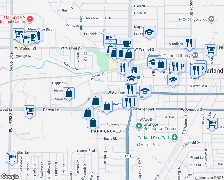 map of restaurants, bars, coffee shops, grocery stores, and more near 1436 Rodando Drive in Garland