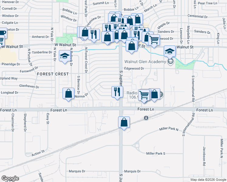 map of restaurants, bars, coffee shops, grocery stores, and more near 3518 Russwin Drive in Garland