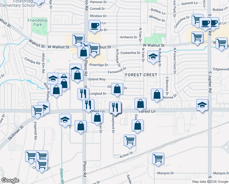 map of restaurants, bars, coffee shops, grocery stores, and more near 4210 Glenhaven Drive in Garland