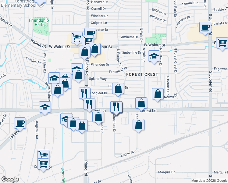 map of restaurants, bars, coffee shops, grocery stores, and more near 4210 Glenhaven Drive in Garland