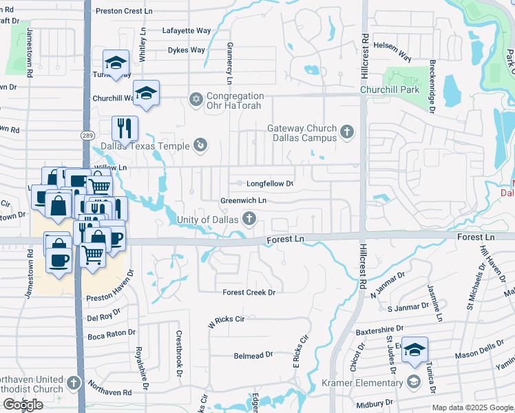 map of restaurants, bars, coffee shops, grocery stores, and more near 6532 Greenwich Lane in Dallas