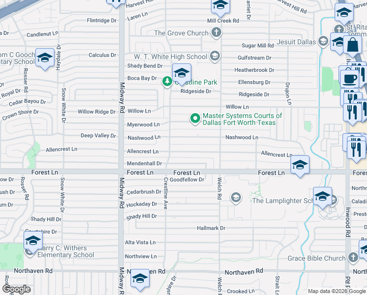 map of restaurants, bars, coffee shops, grocery stores, and more near 4427 Allencrest Lane in Dallas