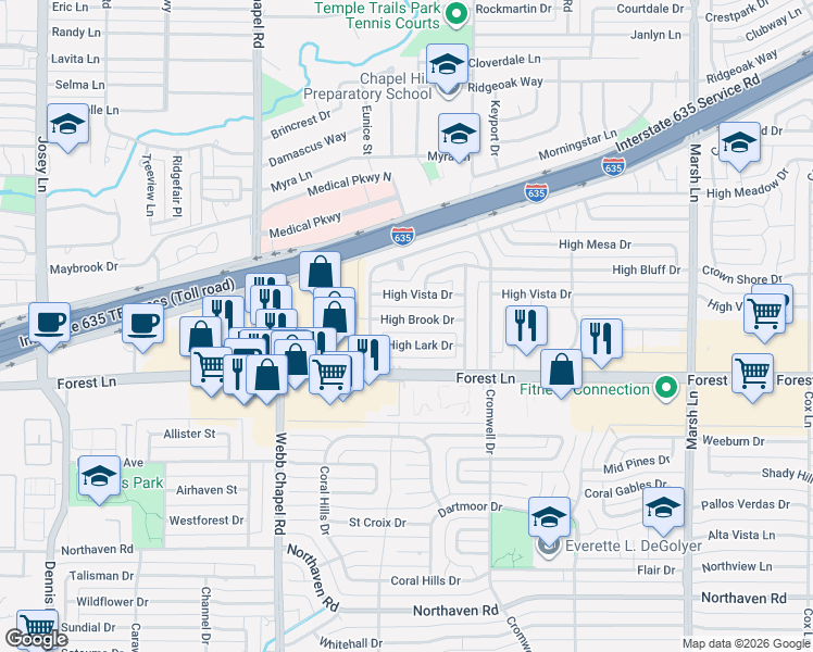 map of restaurants, bars, coffee shops, grocery stores, and more near 3251-3257 High Brook Drive in Dallas