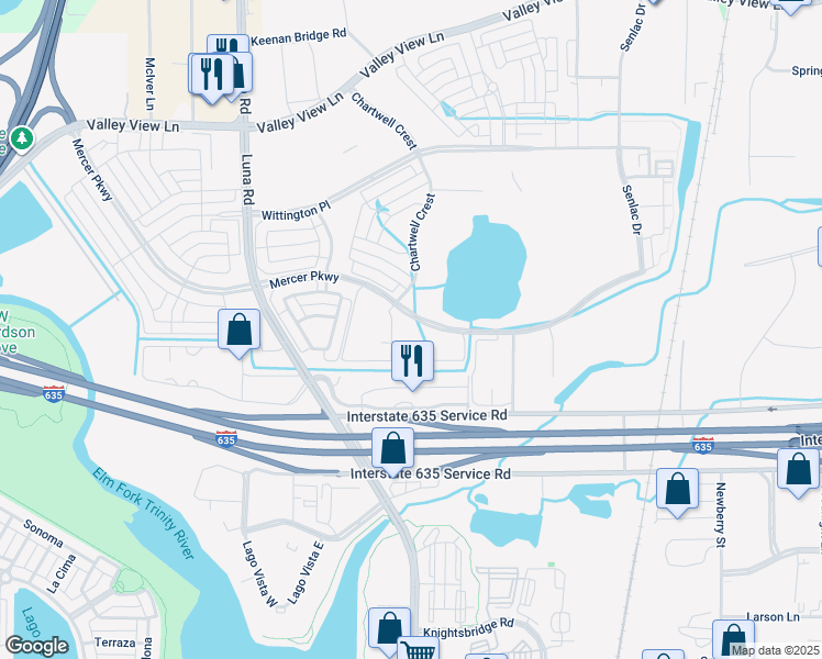 map of restaurants, bars, coffee shops, grocery stores, and more near 11900 Luna Road in Farmers Branch