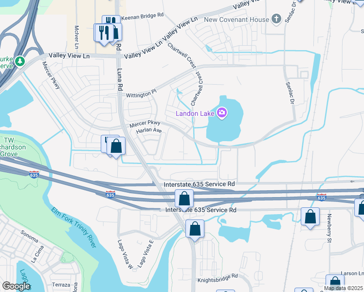 map of restaurants, bars, coffee shops, grocery stores, and more near 1850 Mercer Parkway in Farmers Branch