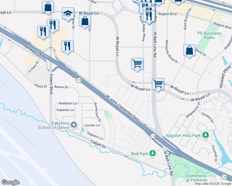 map of restaurants, bars, coffee shops, grocery stores, and more near 7819 Uxbridge Drive in Irving