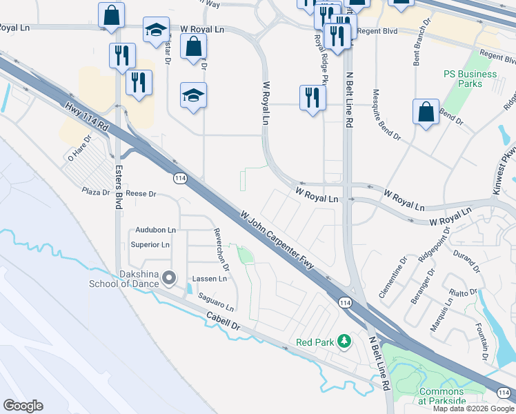 map of restaurants, bars, coffee shops, grocery stores, and more near 7819 Uxbridge Drive in Irving