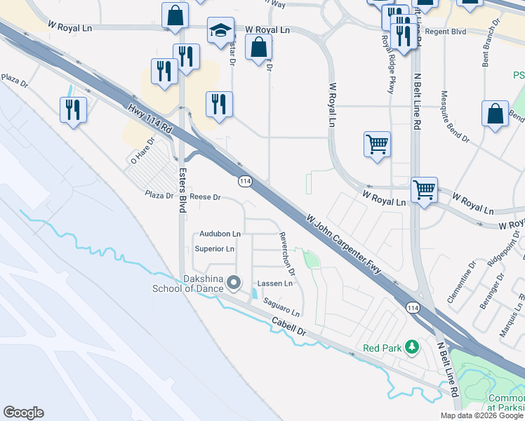 map of restaurants, bars, coffee shops, grocery stores, and more near 4224 Prado Circle in Irving