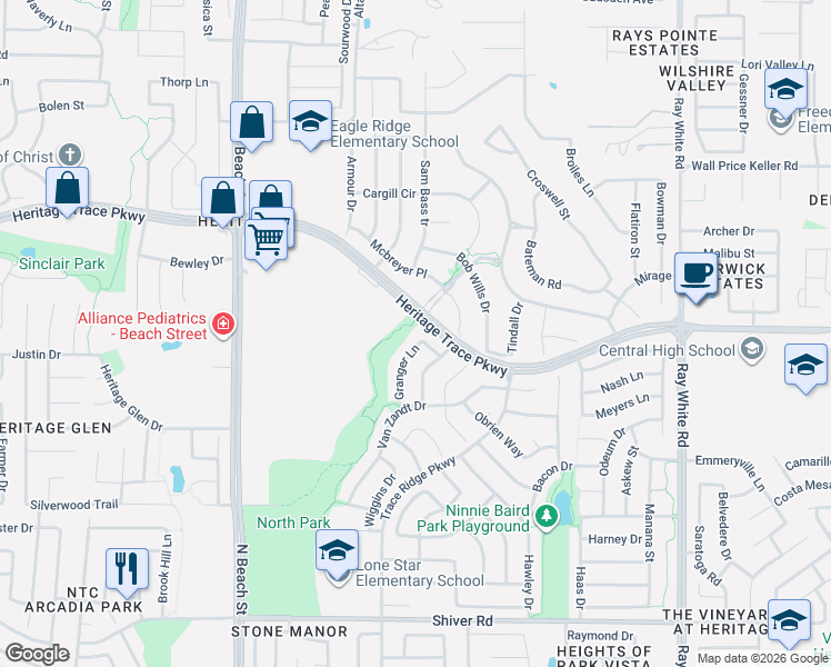 map of restaurants, bars, coffee shops, grocery stores, and more near 9377 Granger Lane in Fort Worth