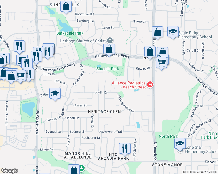 map of restaurants, bars, coffee shops, grocery stores, and more near 9421 Pastime Court in Fort Worth