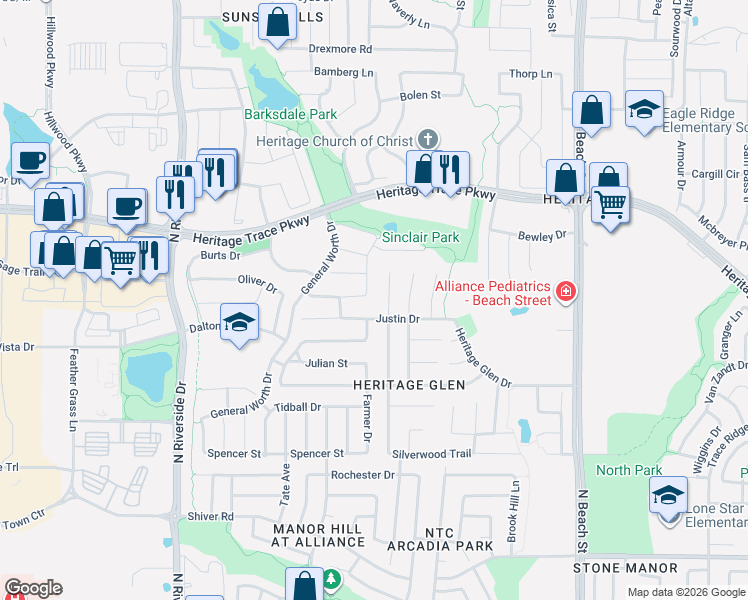map of restaurants, bars, coffee shops, grocery stores, and more near 4013 Kimbell Drive in Fort Worth