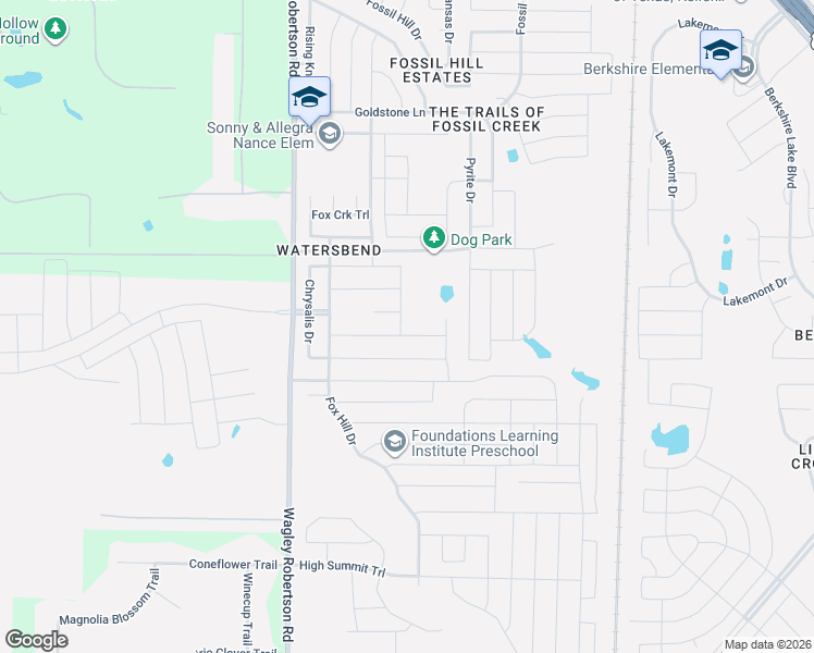 map of restaurants, bars, coffee shops, grocery stores, and more near 505 Winterwood Court in Fort Worth