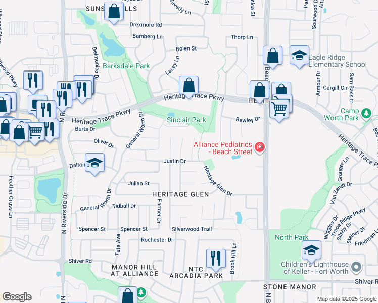 map of restaurants, bars, coffee shops, grocery stores, and more near 9417 Pastime Court in Fort Worth