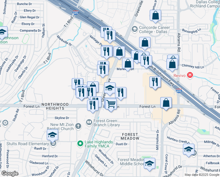 map of restaurants, bars, coffee shops, grocery stores, and more near 11910 Greenville Avenue in Dallas