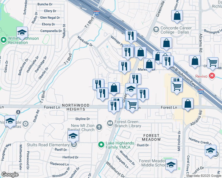 map of restaurants, bars, coffee shops, grocery stores, and more near 11911 Greenville Avenue in Dallas