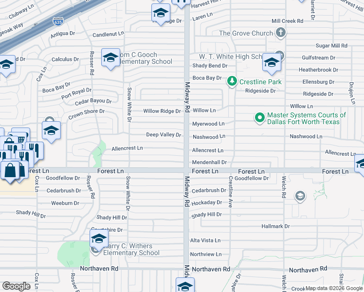 map of restaurants, bars, coffee shops, grocery stores, and more near 4189 Allencrest Lane in Dallas