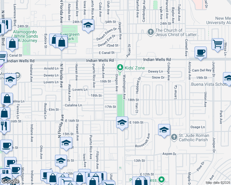 map of restaurants, bars, coffee shops, grocery stores, and more near 1801 Oregon Ave in Alamogordo
