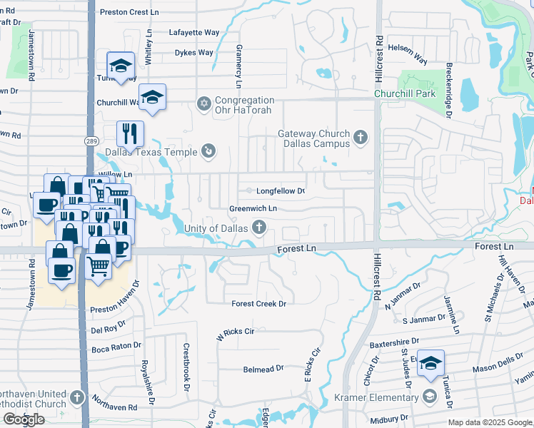 map of restaurants, bars, coffee shops, grocery stores, and more near 6532 Greenwich Lane in Dallas