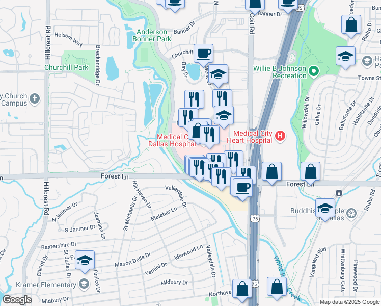 map of restaurants, bars, coffee shops, grocery stores, and more near 7777 Forest Lane in Dallas