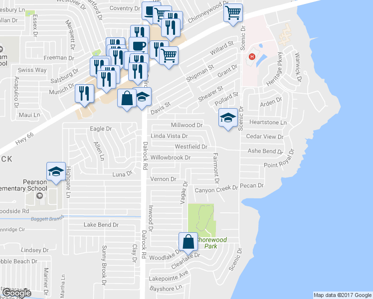 map of restaurants, bars, coffee shops, grocery stores, and more near 9010 Westfield Drive in Rowlett