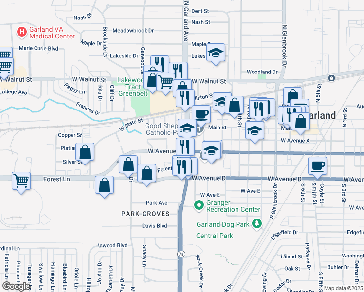 map of restaurants, bars, coffee shops, grocery stores, and more near 155 South Garland Avenue in Garland