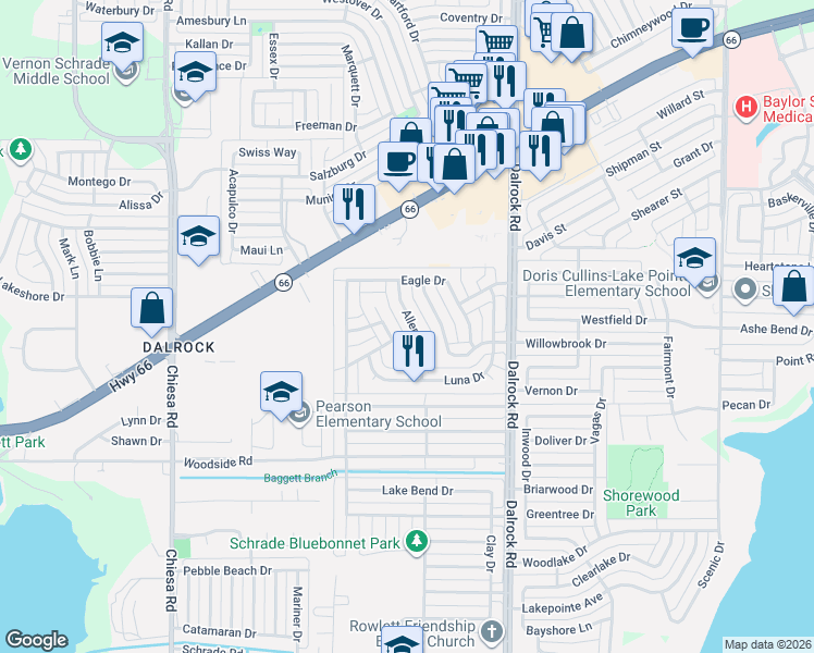 map of restaurants, bars, coffee shops, grocery stores, and more near 5613 Allen Lane in Rowlett