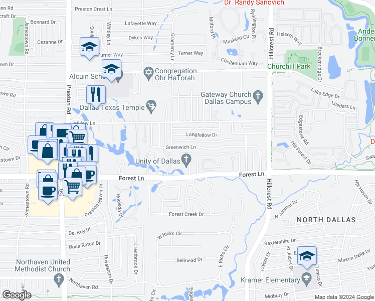 map of restaurants, bars, coffee shops, grocery stores, and more near 6532 Greenwich Lane in Dallas
