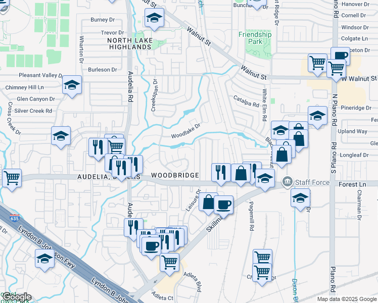 map of restaurants, bars, coffee shops, grocery stores, and more near 10126 Bridgegate Court in Dallas