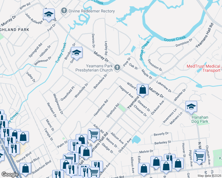 map of restaurants, bars, coffee shops, grocery stores, and more near 5937 Willard Drive in Hanahan